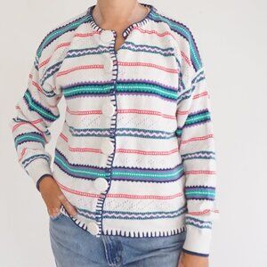 Vintage Accordéon White Knit Multicolour Striped Button Cardigan Eclectic M